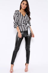 Black and White Striped Plunge Top with Ruched Sleeves - Semaya-Tops