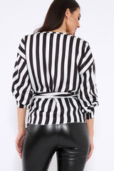 Black and White Striped Plunge Top with Ruched Sleeves - Semaya-Tops