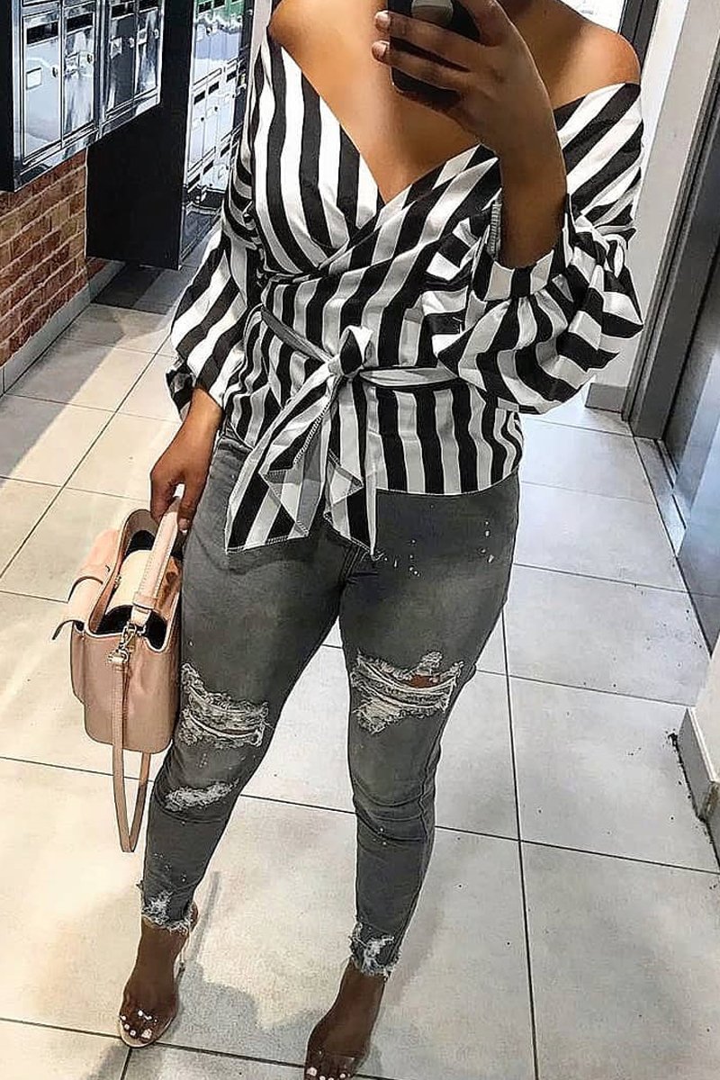 Black and White Striped Plunge Top with Ruched Sleeves - Semaya-Tops