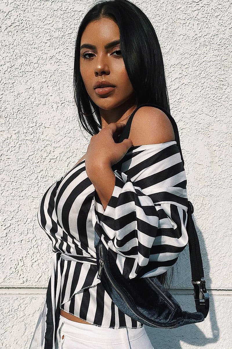 Black and White Striped Plunge Top with Ruched Sleeves - Semaya-Tops