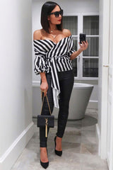 Black and White Striped Plunge Top with Ruched Sleeves - Semaya-Tops