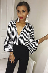 Black and White Striped Shirt with Bell Sleeves - Harper-Shirts