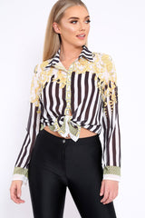 Black and White Striped Shirt with Gold Scarf Print Detail - Jalana-Shirts