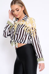 Black and White Striped Shirt with Gold Scarf Print Detail - Jalana-Shirts