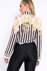 Black and White Striped Shirt with Gold Scarf Print Detail - Jalana-Shirts