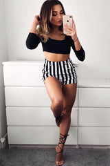 Black and White Striped Shorts with Gold Button Detailing - Joseline-Shorts