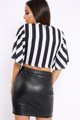 Black and White Striped Tie Front Crop Top - Yoanna-Crop Tops