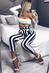 Black and White Striped Tie Waist Tapered Trousers - Dura-Trousers