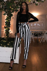 Black and White Striped Tie Waist Tapered Trousers - Dura-Trousers