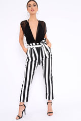 Black and White Striped Tie Waist Tapered Trousers - Dura-Trousers