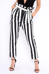 Black and White Striped Tie Waist Tapered Trousers - Dura-Trousers
