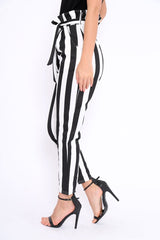 Black and White Striped Tie Waist Tapered Trousers - Dura-Trousers