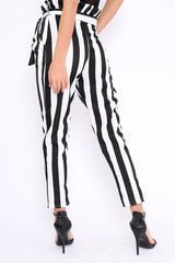 Black and White Striped Tie Waist Tapered Trousers - Dura-Trousers