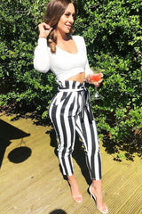 Black and White Striped Tie Waist Tapered Trousers - Dura-Trousers