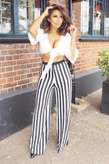 Black and White Striped Wide Leg Trousers - Blakley-Trousers