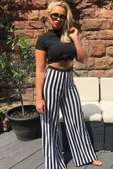 Black and White Striped Wide Leg Trousers - Blakley-Trousers