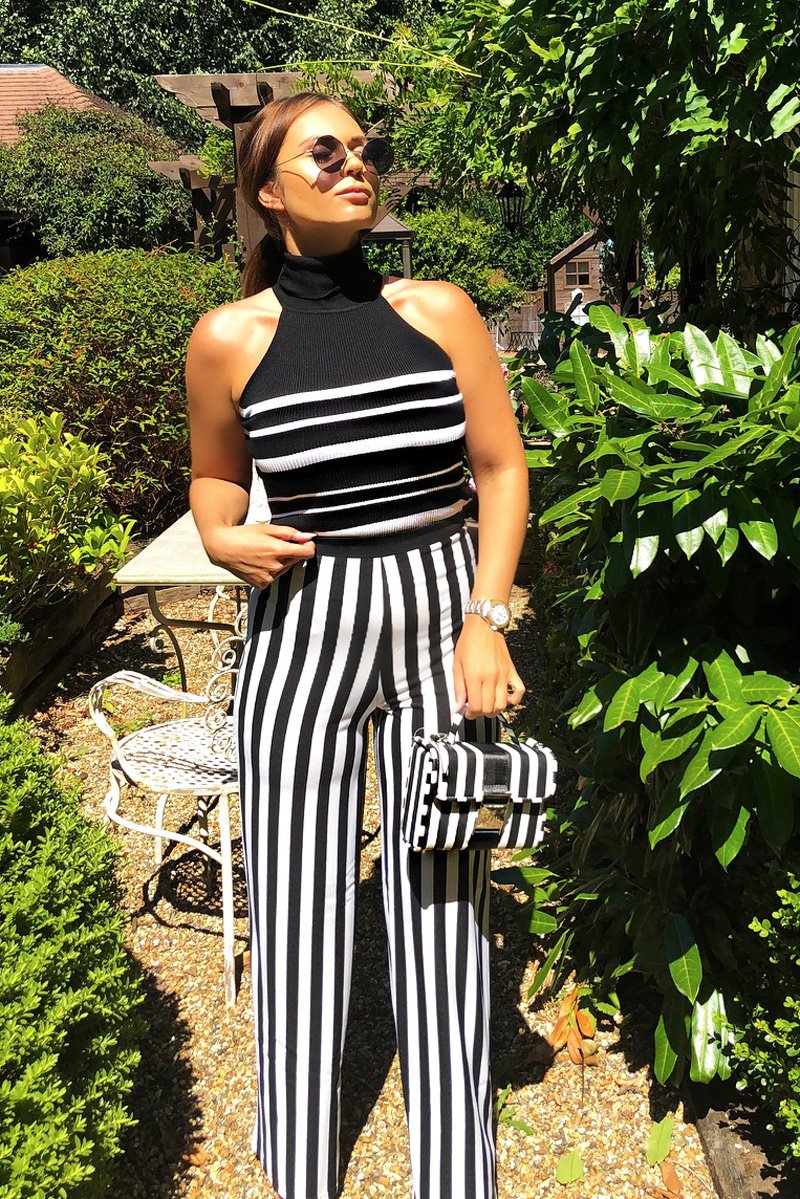 Black and White Striped Wide Leg Trousers - Blakley-Trousers