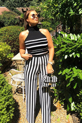 Black and White Striped Wide Leg Trousers - Blakley-Trousers