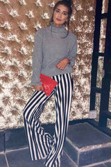 Black and White Striped Wide Leg Trousers - Blakley-Trousers