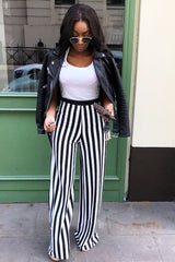 Black and White Striped Wide Leg Trousers - Blakley-Trousers