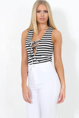 Black and White Stripped Tie Front Bodysuit- Delty-Bodysuits