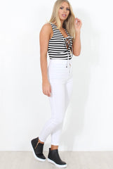 Black and White Stripped Tie Front Bodysuit- Delty-Bodysuits