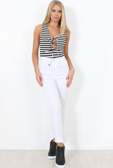 Black and White Stripped Tie Front Bodysuit- Delty-Bodysuits