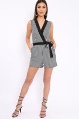 Black and White V-Plunge Striped Playsuit - Kaitlynn-Playsuits