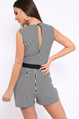Black and White V-Plunge Striped Playsuit - Kaitlynn-Playsuits