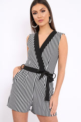 Black and White V-Plunge Striped Playsuit - Kaitlynn-Playsuits