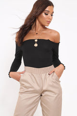 Black bardot frill bodysuit - Kari-Bodysuits