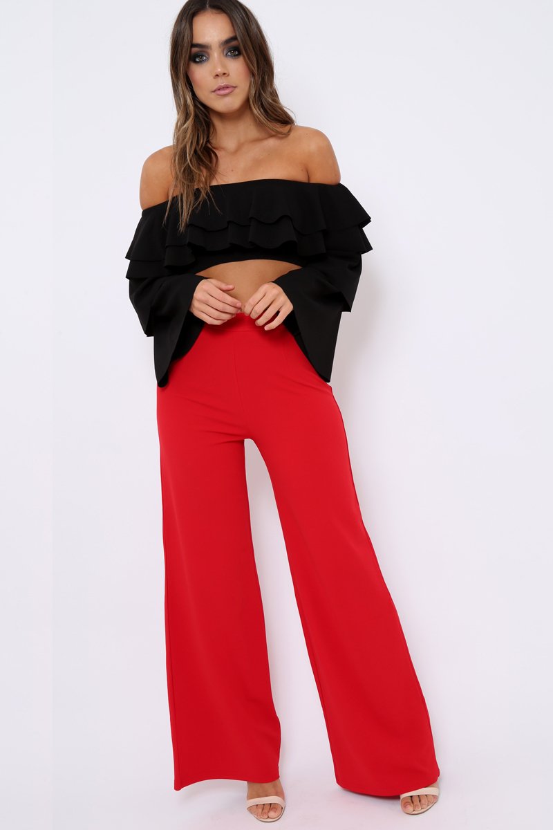 Black extreme Layered Frill Bardot Crop Top - Nevaeh-Crop Tops
