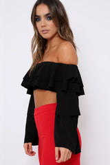 Black extreme Layered Frill Bardot Crop Top - Nevaeh-Crop Tops