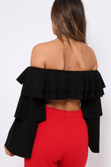 Black extreme Layered Frill Bardot Crop Top - Nevaeh-Crop Tops