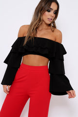 Black extreme Layered Frill Bardot Crop Top - Nevaeh-Crop Tops