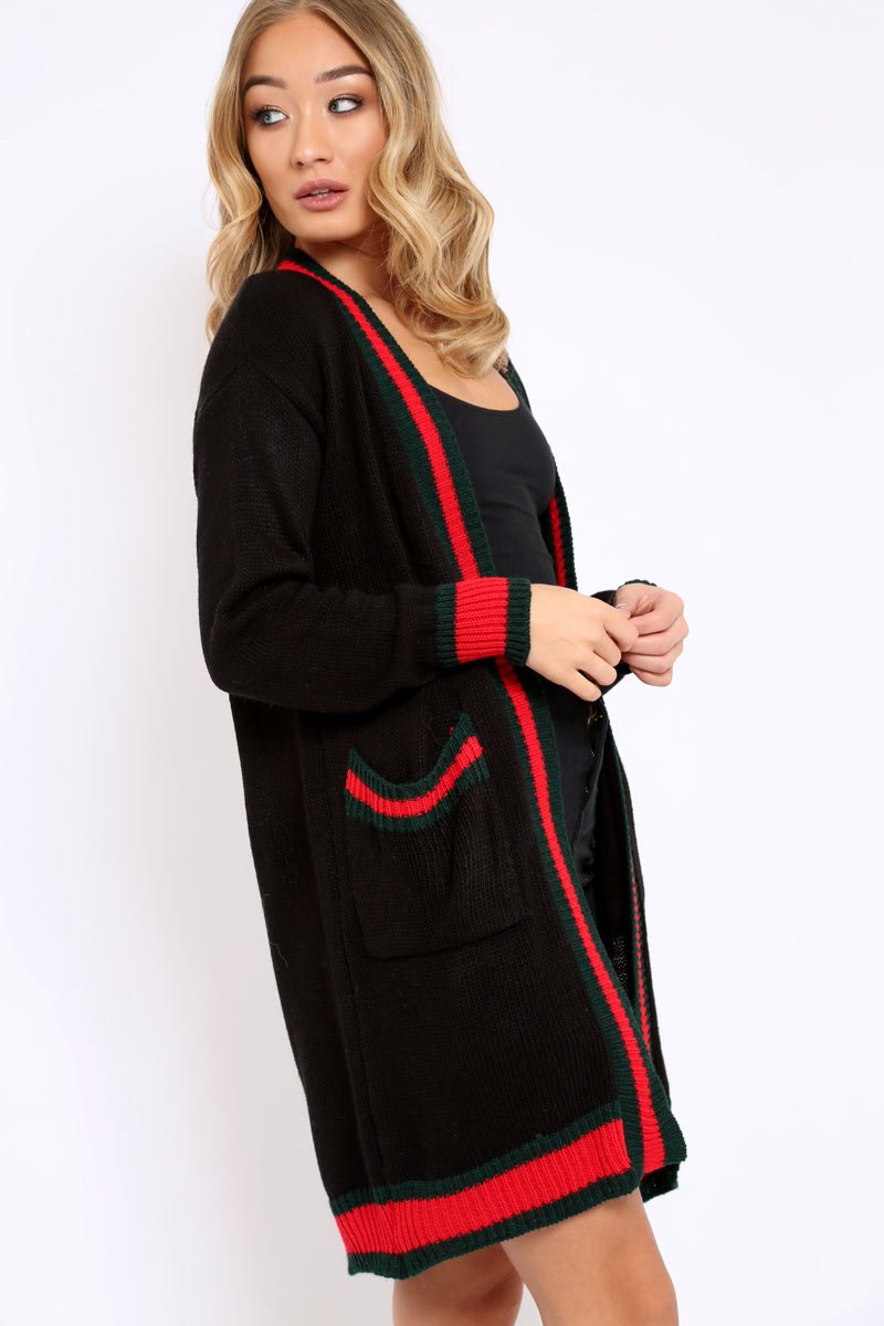 Black knitted Cardigan with Striped Trim - Ivy-Knitwear