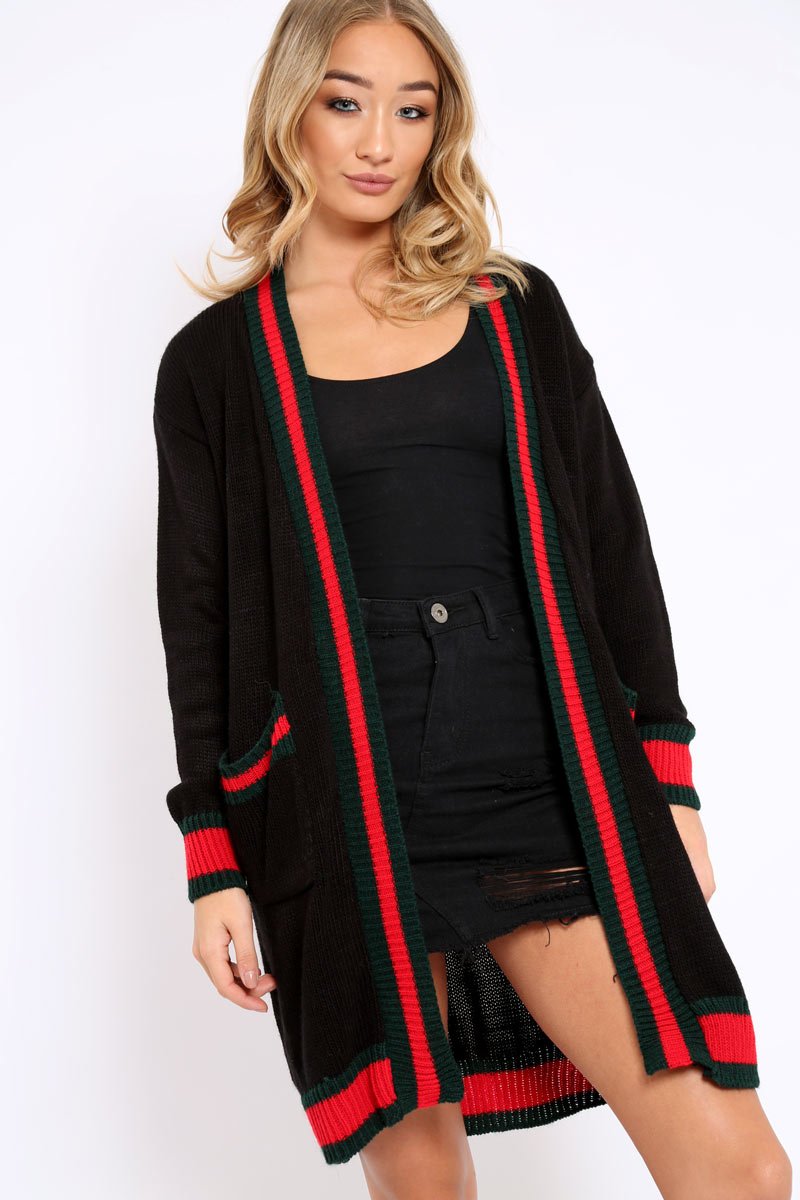 Black knitted Cardigan with Striped Trim - Ivy-Knitwear