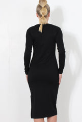 Black ribbed Zip front midi dress- Kacee-Dresses