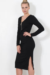 Black ribbed Zip front midi dress- Kacee-Dresses