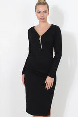 Black ribbed Zip front midi dress- Kacee-Dresses