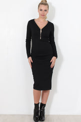 Black ribbed Zip front midi dress- Kacee-Dresses