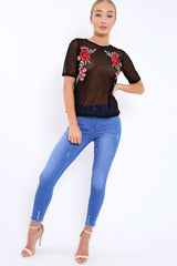 Black sheer top with floral embroidery - Hadley-Tops