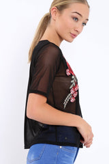 Black sheer top with floral embroidery - Hadley-Tops