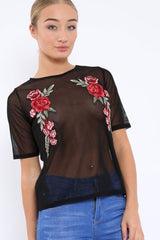 Black sheer top with floral embroidery - Hadley-Tops