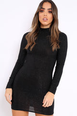 Black with Black Glitter High Neck Bodycon Dress - Azari-Dresses