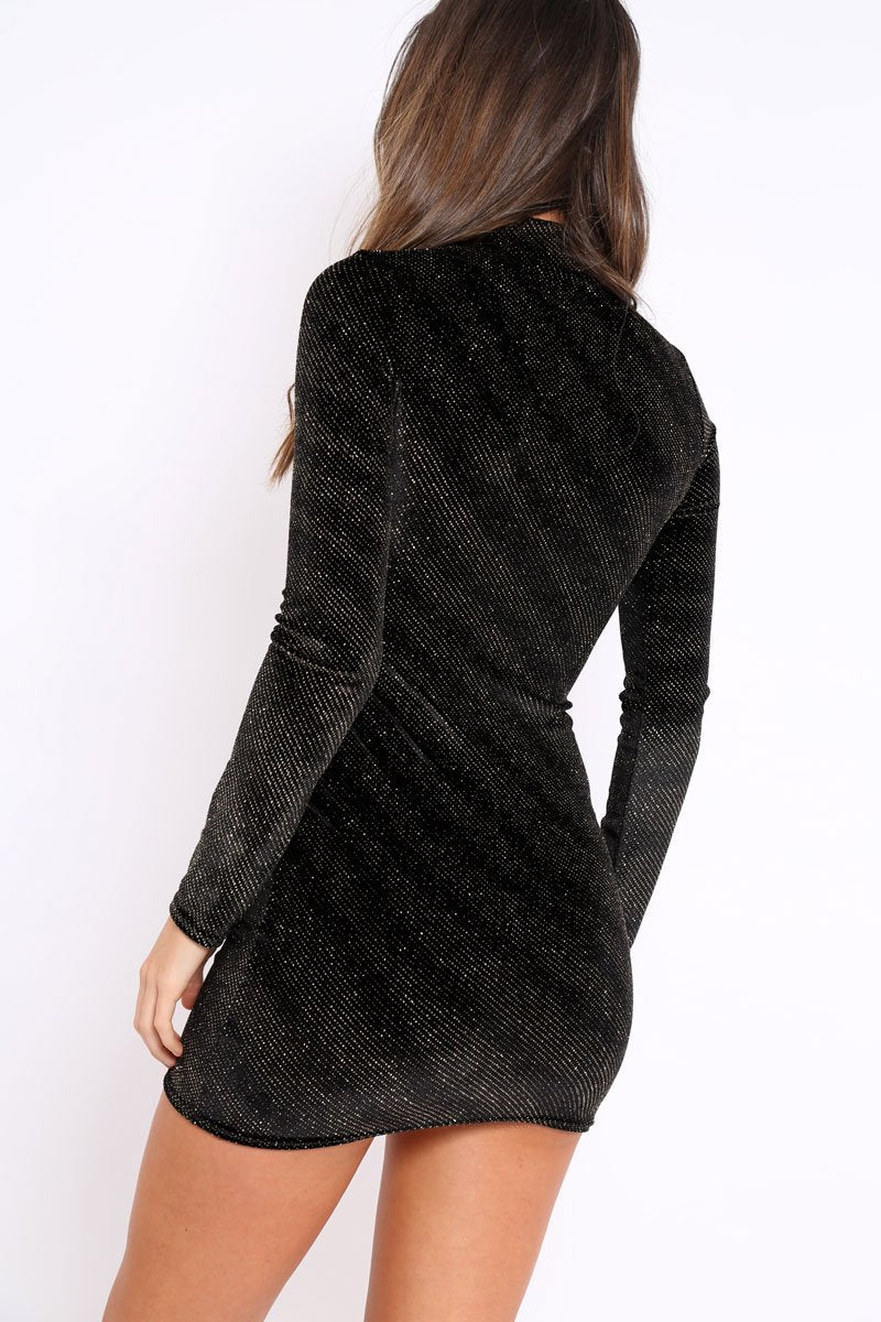Black with Gold Glitter Stripes High Neck Bodycon Dress - Azari Rebellious Fashion Black with Gold Glitter Stripes High Neck Bodycon Dress - Azari Rebellious Fashion