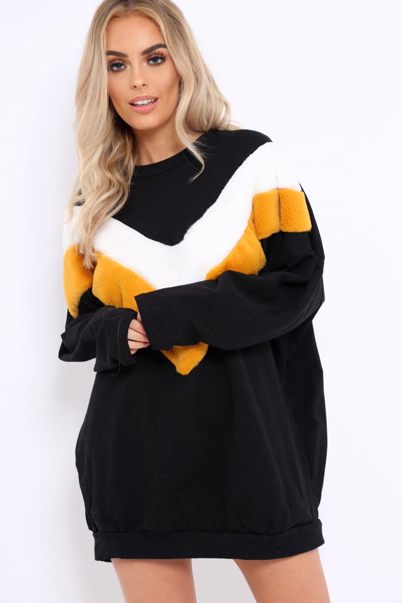 Black with Mustard and White Chevron Fur Jumper Dress- Lula-Dresses