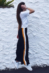 Black with Mustard and White Side Stripe Wide Leg Trousers - Wiley-Trousers