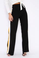 Black with Mustard and White Side Stripe Wide Leg Trousers - Wiley-Trousers