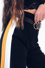 Black with Mustard and White Side Stripe Wide Leg Trousers - Wiley-Trousers